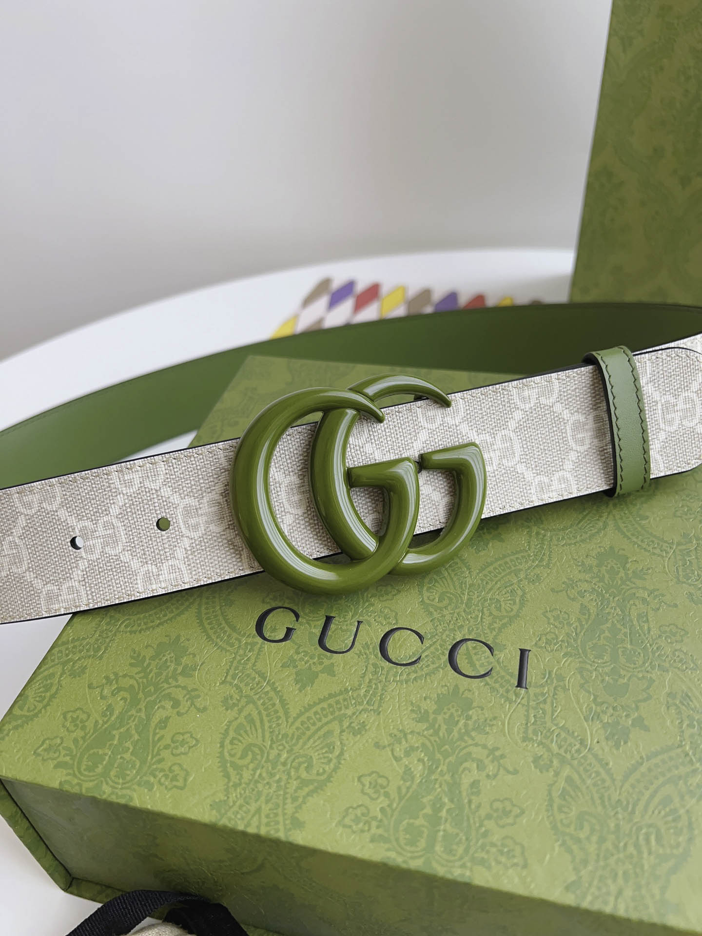 Thắt Lưng Gucci Nữ Xanh Lá Dây Họa Tiết Khóa Kép