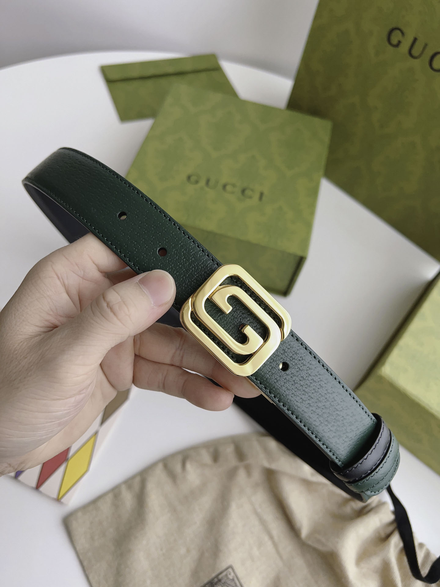 Thắt Lưng Gucci Nữ Bản Nhỏ Dây Xanh Đen Khóa Vuông