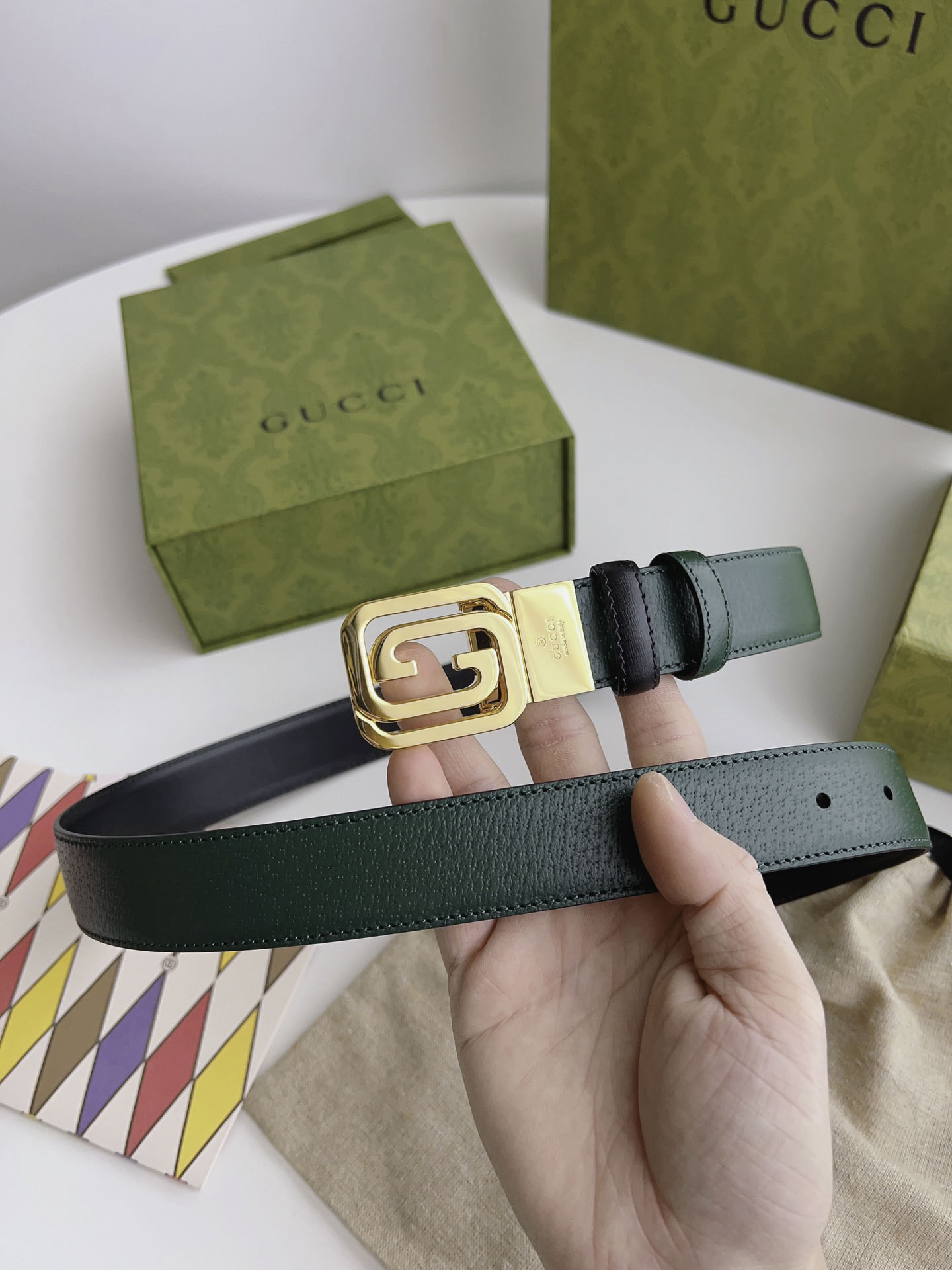 Thắt Lưng Gucci Nữ Bản Nhỏ Dây Xanh Đen Khóa Vuông