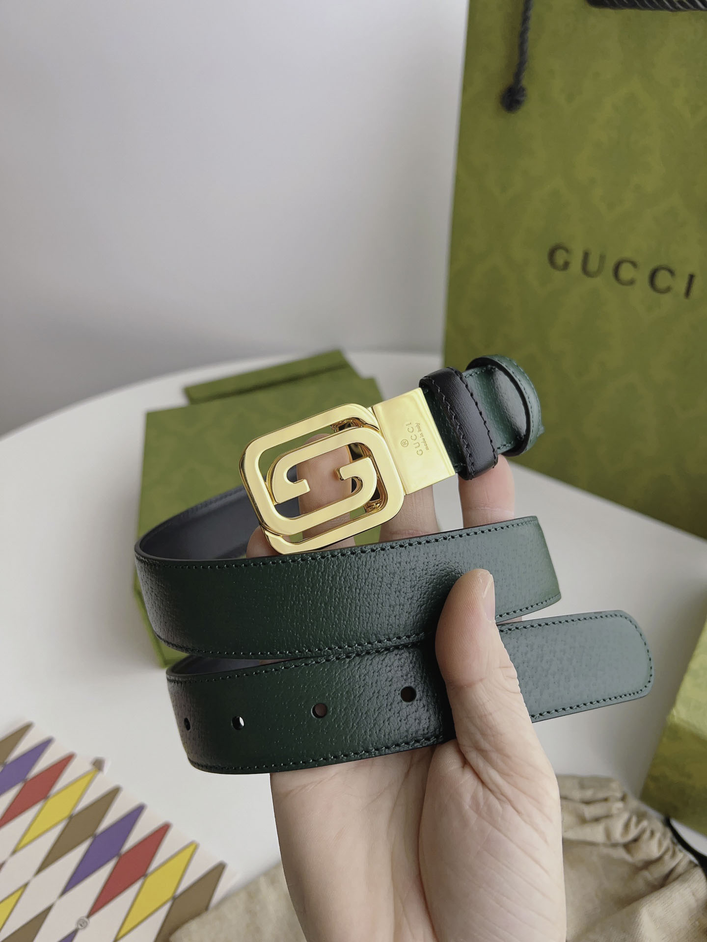 Thắt Lưng Gucci Nữ Bản Nhỏ Dây Xanh Đen Khóa Vuông