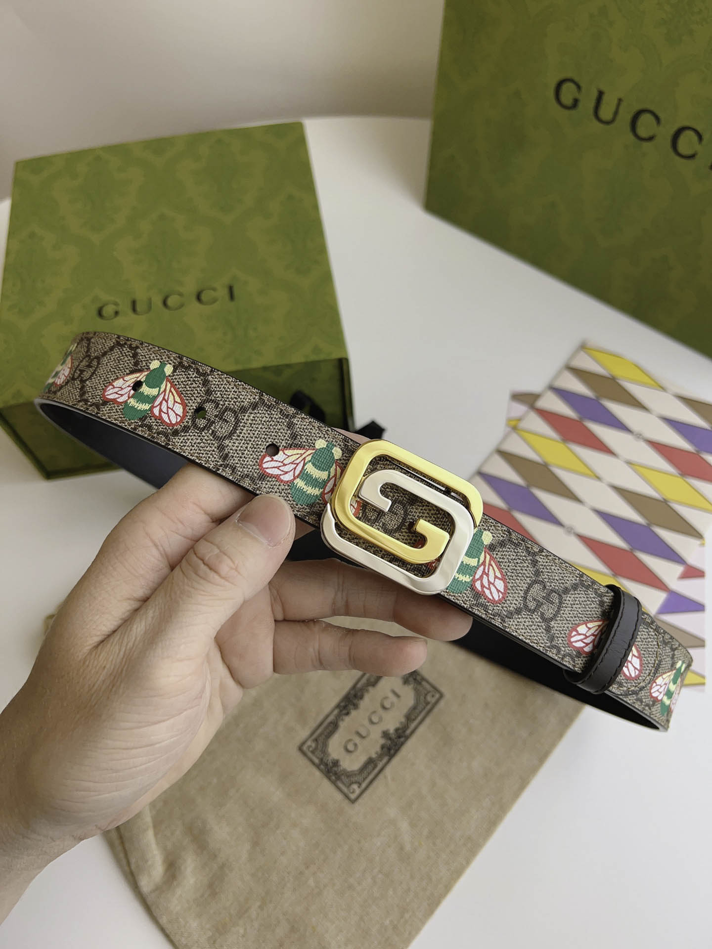 Thắt Lưng Gucci Nữ Dây Họa Tiết Bản Nhỏ Khóa Vuông Vàng