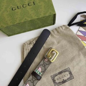 Thắt Lưng Gucci Nữ Dây Họa Tiết Bản Nhỏ Khóa Vuông Vàng