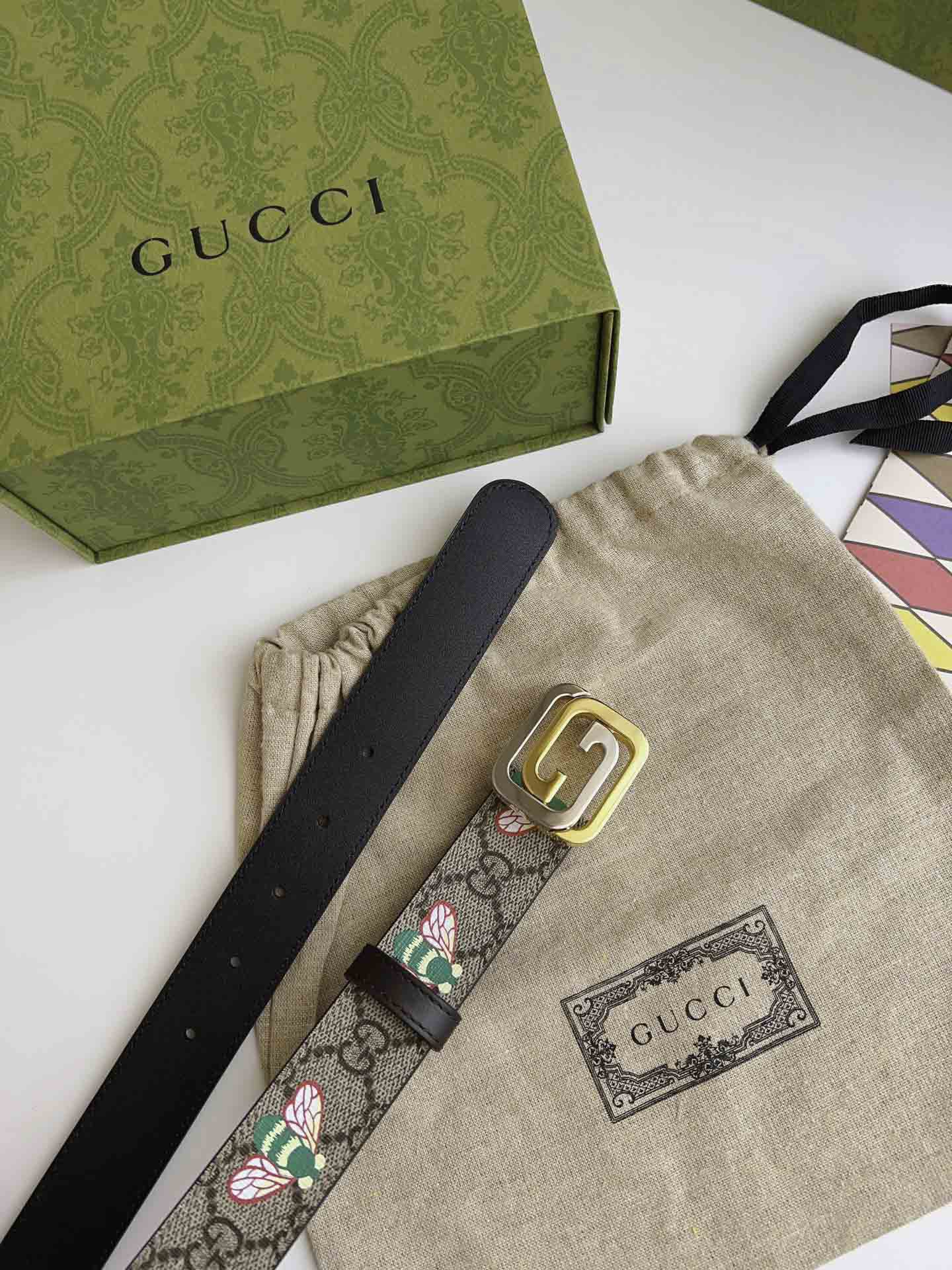 Thắt Lưng Gucci Nữ Dây Họa Tiết Bản Nhỏ Khóa Vuông Vàng