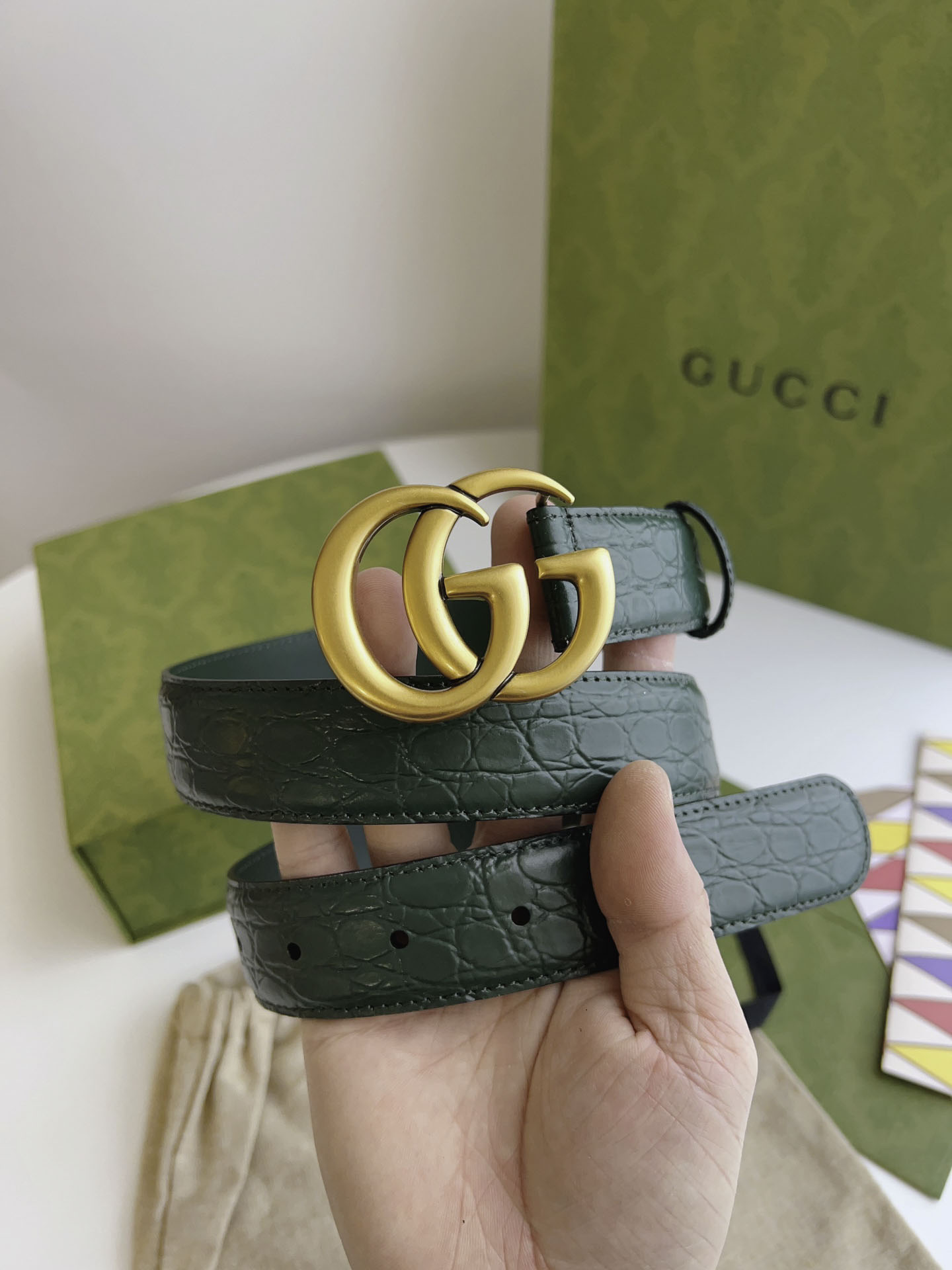 Thắt Lưng Gucci Nữ Dây Xanh Bản Nhỏ Khóa Kép Vàng