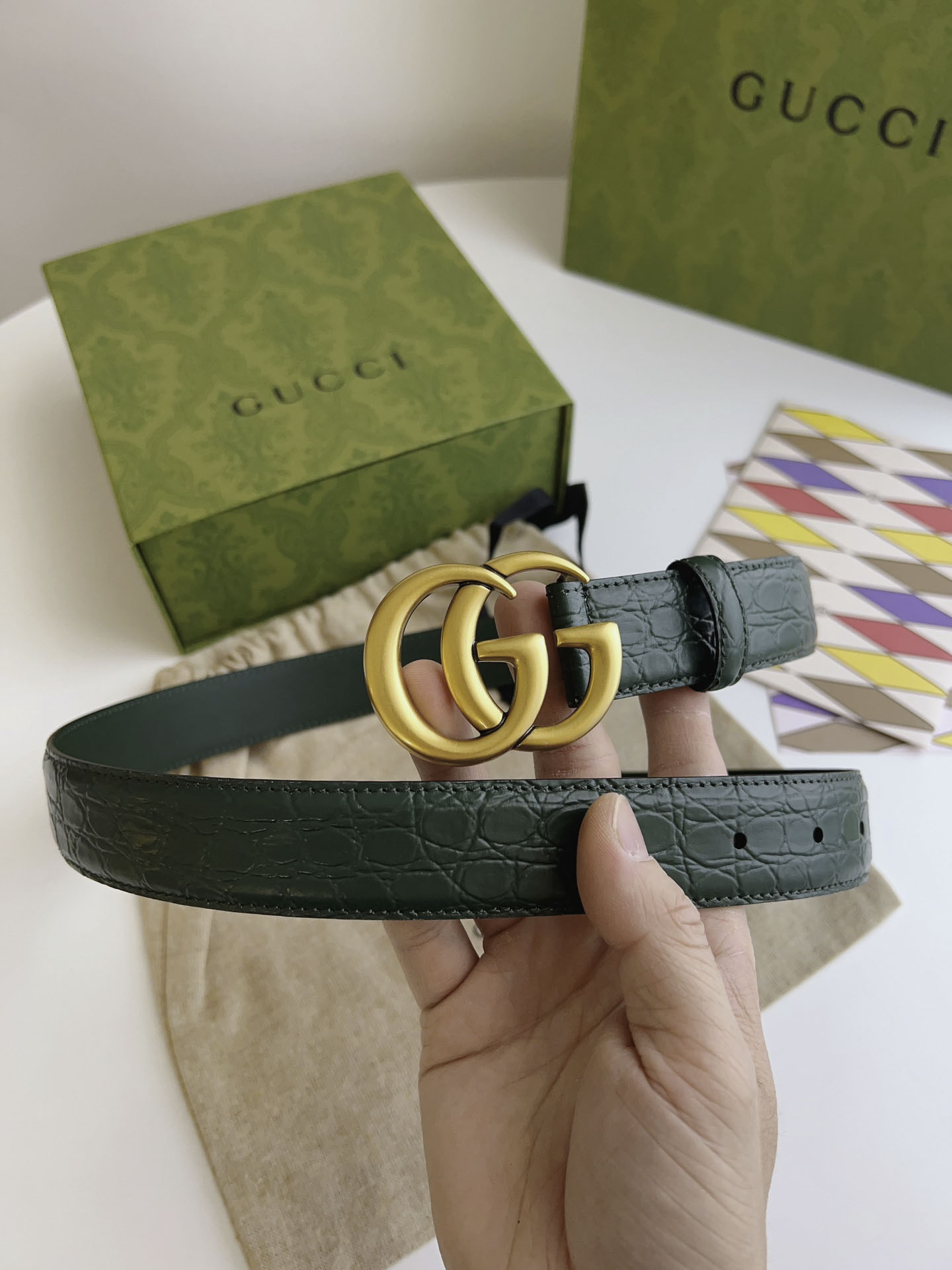 Thắt Lưng Gucci Nữ Dây Xanh Bản Nhỏ Khóa Kép Vàng