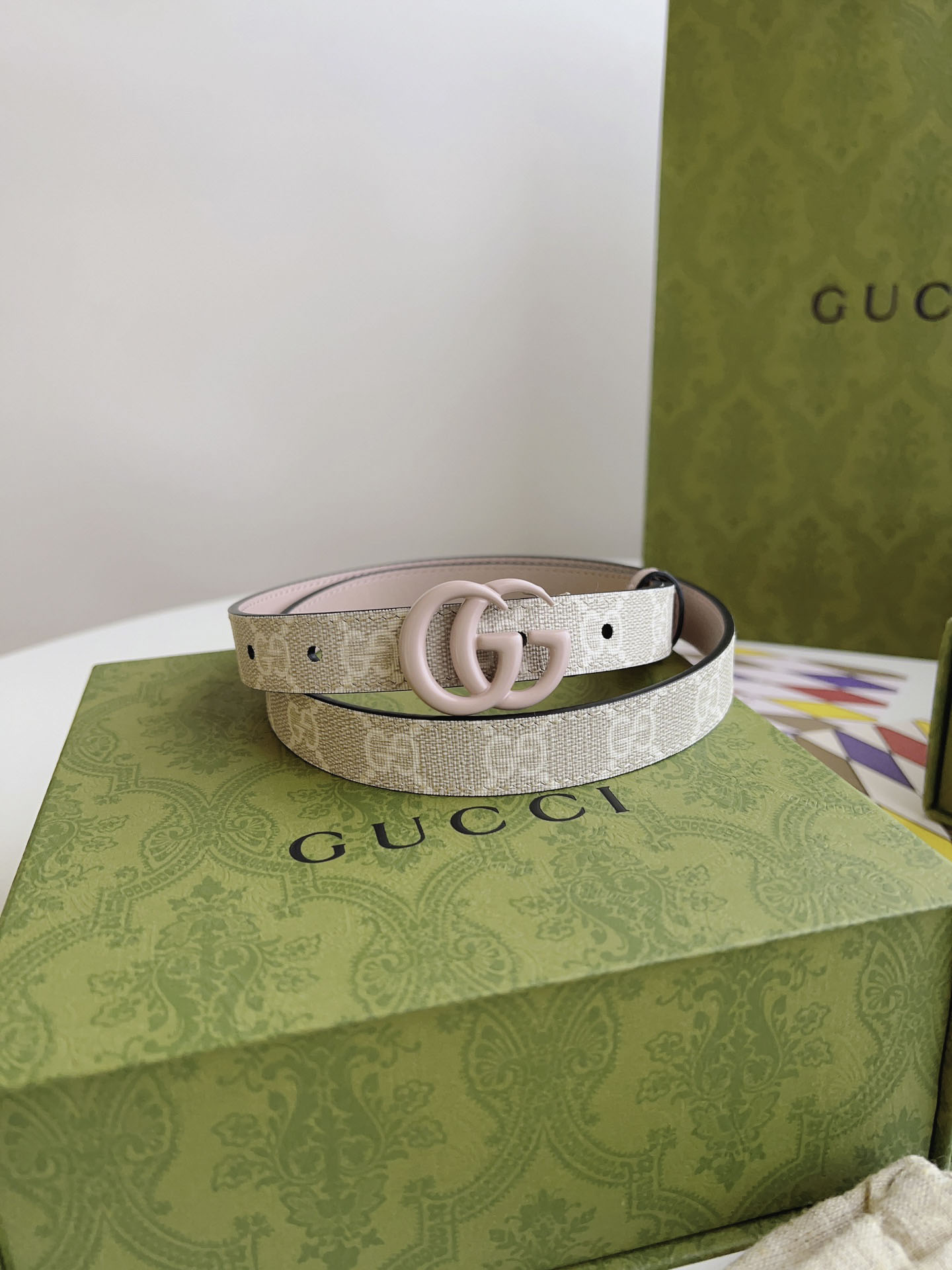 Thắt Lưng Gucci Nữ Hồng Dây Họa Tiết Khóa Kép