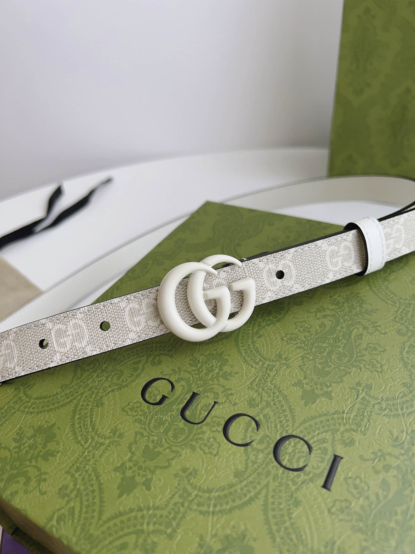 Thắt Lưng Gucci Nữ Trắng Dây Họa Tiết  Khóa Kép