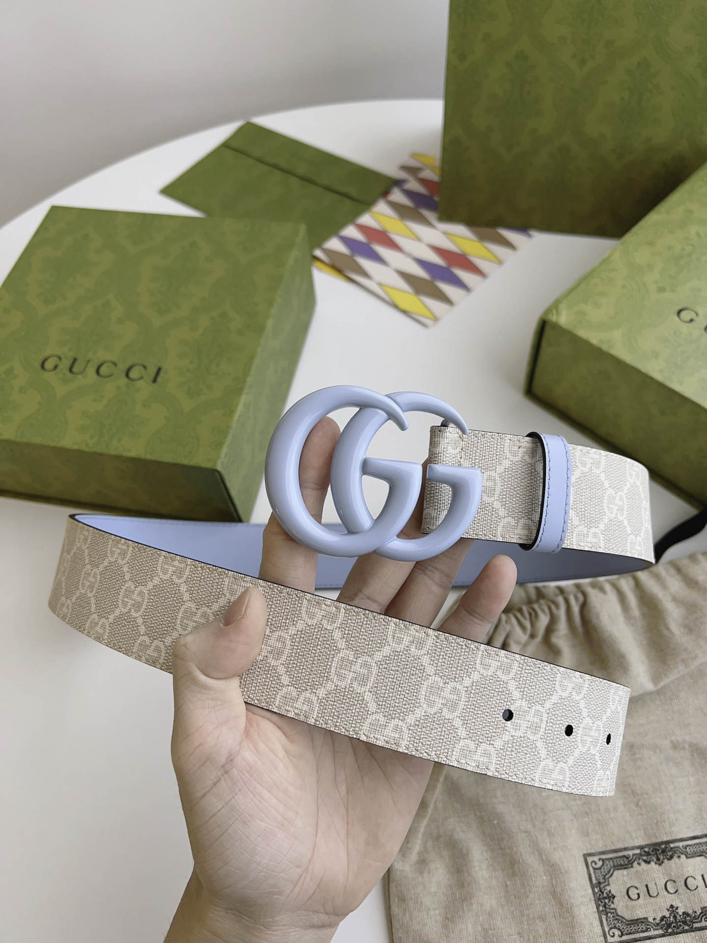 Thắt Lưng Gucci Nữ Xanh Dây Họa Tiết Khóa Kép