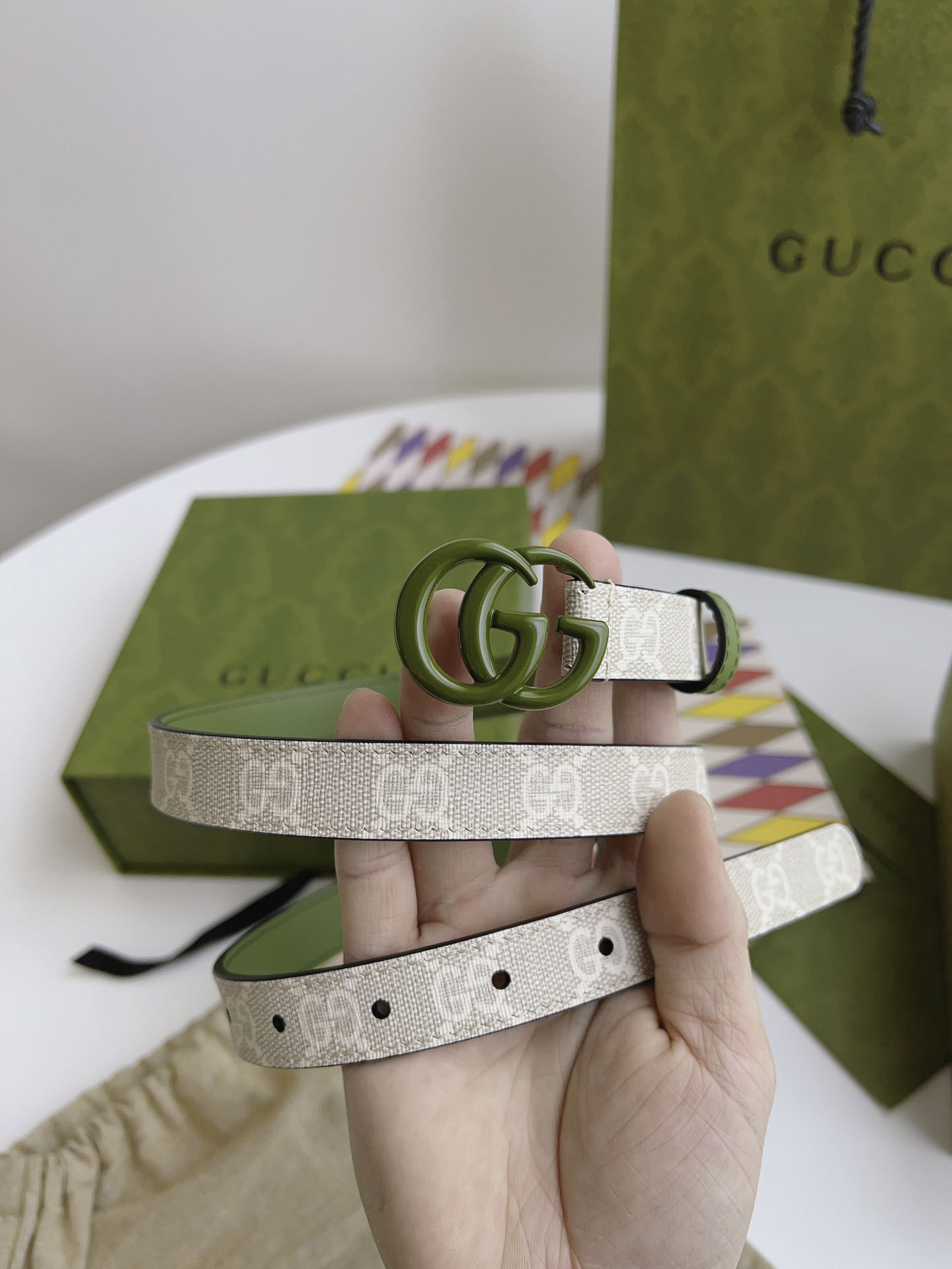 Thắt Lưng Gucci Nữ Xanh Lá Dây Họa Tiết  Khóa Kép