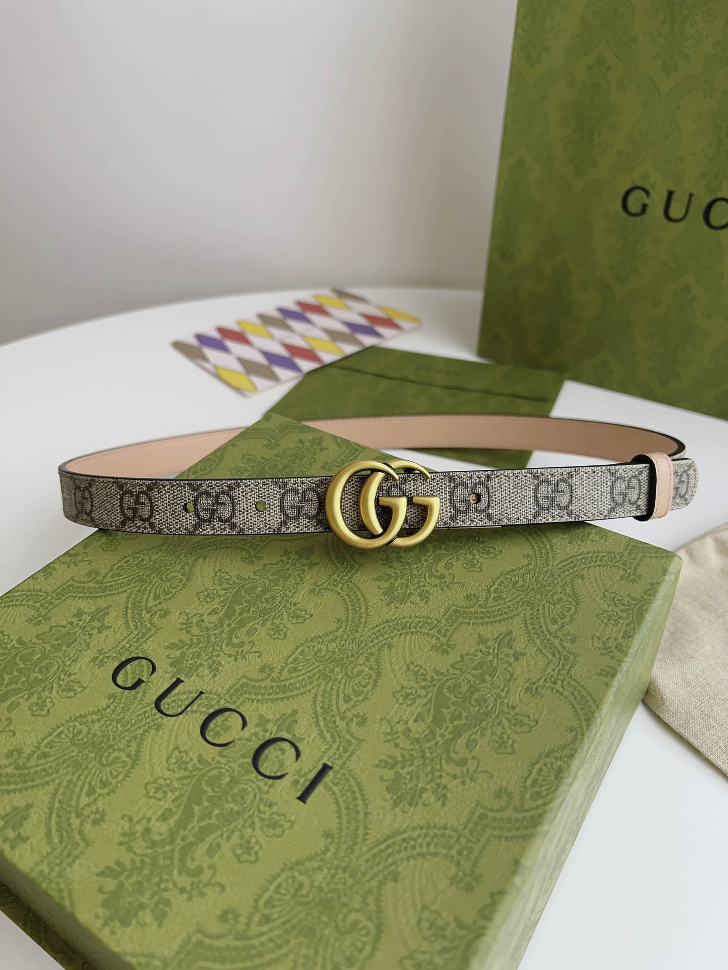 Thắt Lưng Nữ Gucci Bản Nhỏ Màu Hồng Họa Tiết  Khóa Kép Vàng