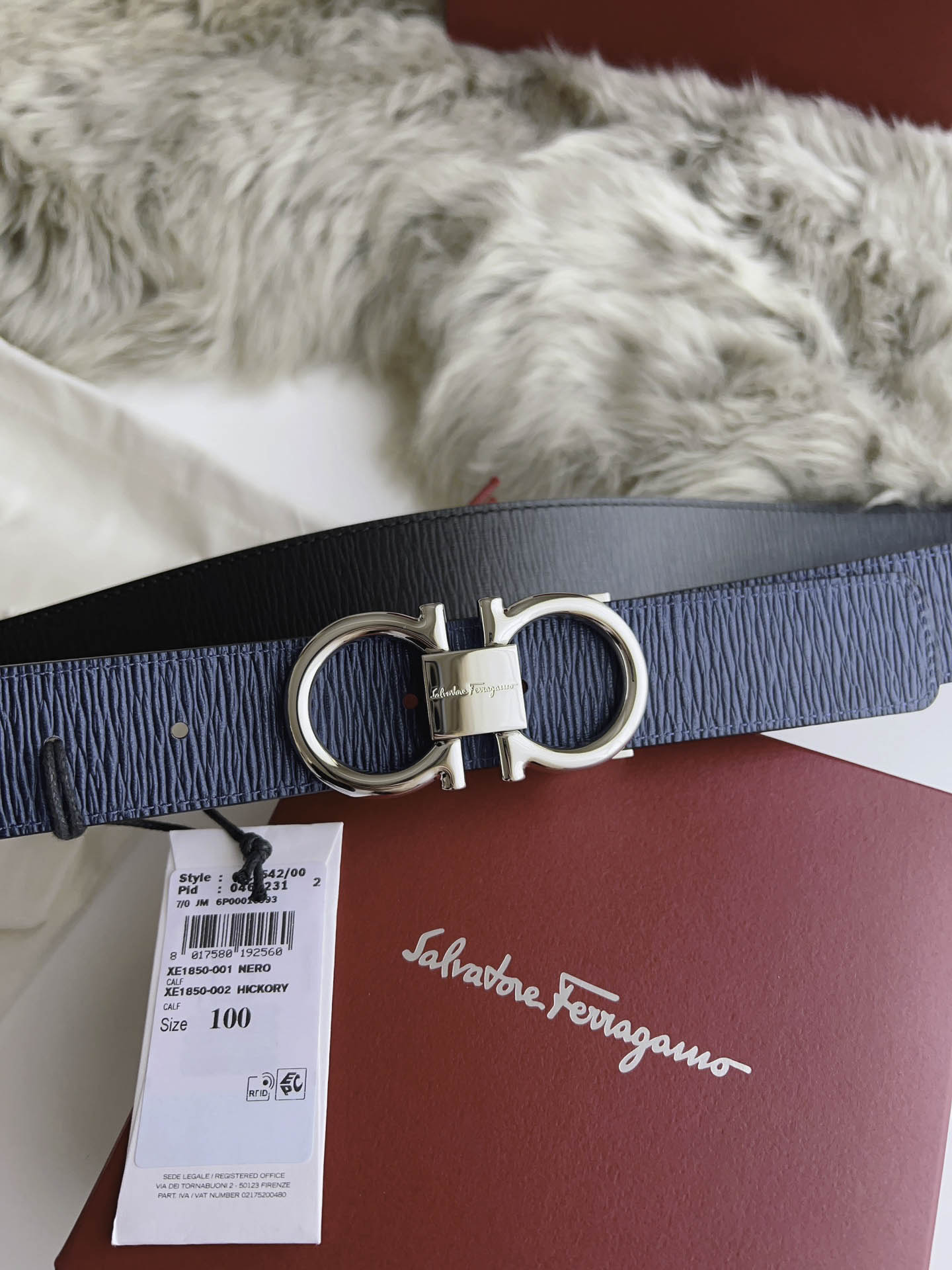 Thắt Lưng Salvatore Ferragamo Belt Dây Sần Xanh Khóa Cài Bạc