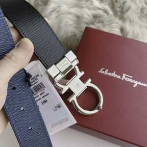 Thắt Lưng Salvatore Ferragamo Belt Dây Sần Xanh Khóa Cài Bạc