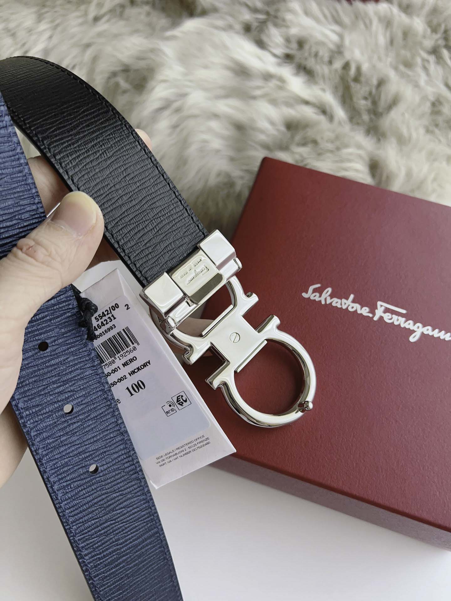 Thắt Lưng Salvatore Ferragamo Belt Dây Sần Xanh Khóa Cài Bạc