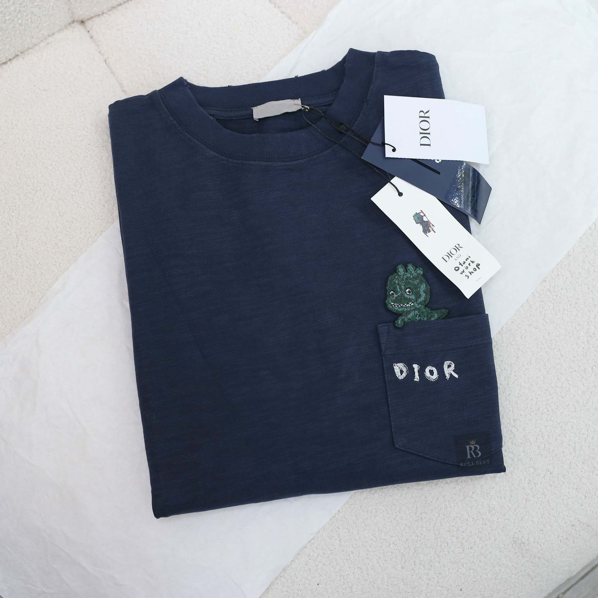 Áo Dior And Otani Workshop Relaxed-fit T-shirt Navy Blue Slub Cotton Jersey 
