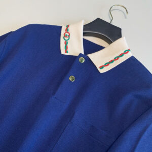 Áo Polo Gucci Blue Logo Embroidered Cotton Blend Pique