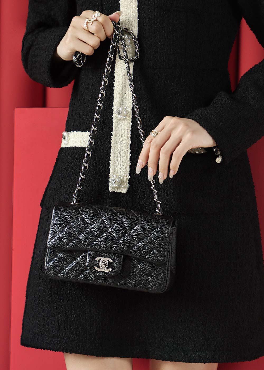 Túi Chanel Classic Flap Bag Mini Black Sliver Grained Calfskin