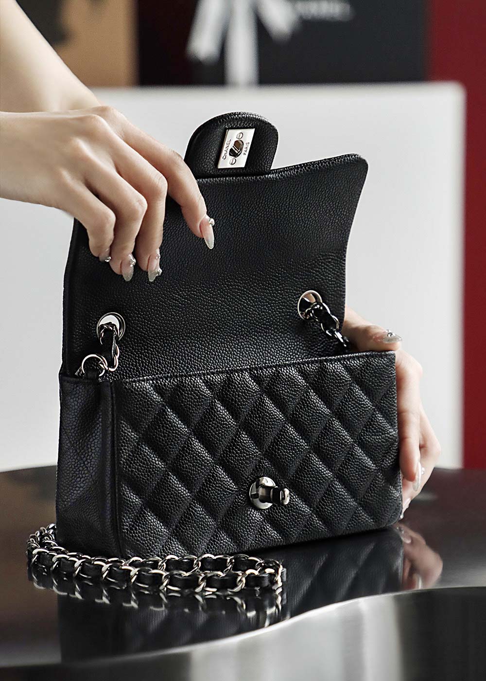 Túi Chanel Classic Flap Bag Mini Black Sliver Grained Calfskin