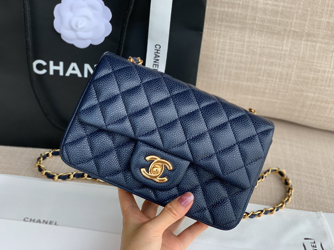 Túi Chanel Mini Flap Bag Grained Calfskin Navy Blue Gold