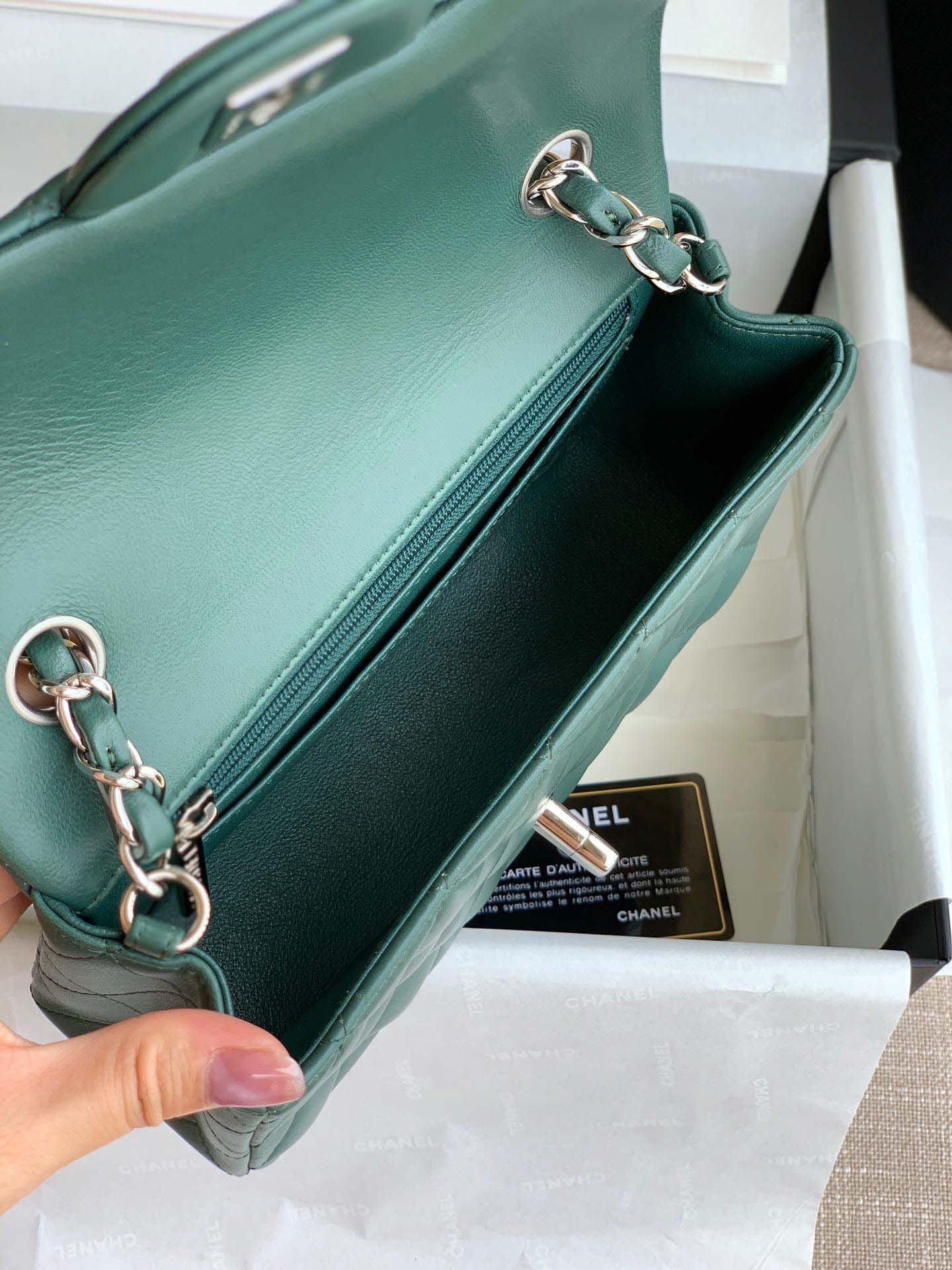 Túi Chanel Mini Rectangular Flap Bag Green Lambskin Light Gold Hardware