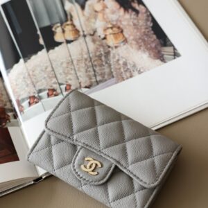 Ví Chanel Classic Caviar Quilted Flap Card Holder Grey Gold Hardware