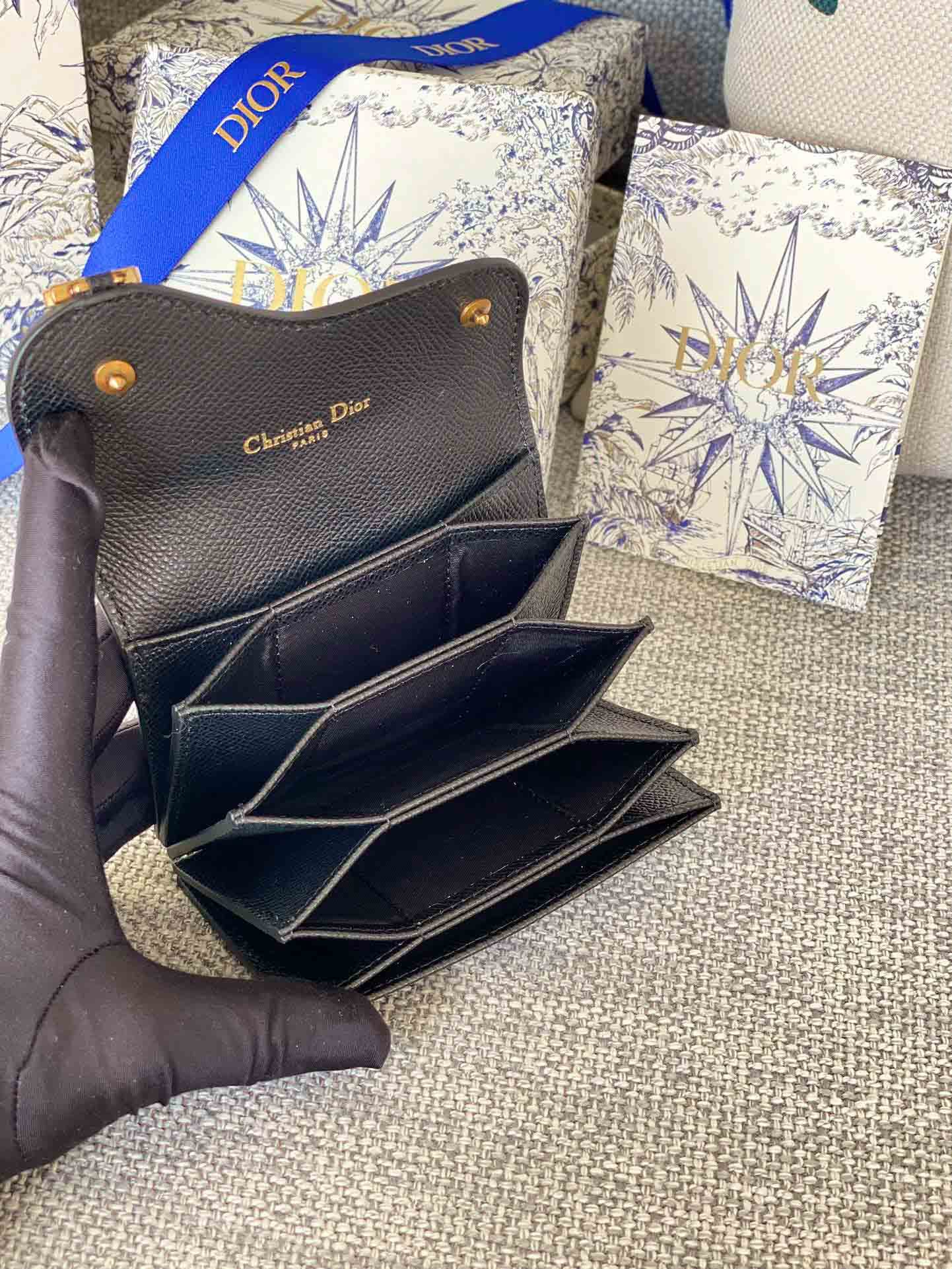 Ví Dior Saddle Bloom Card Holder Black Grained Calfskin