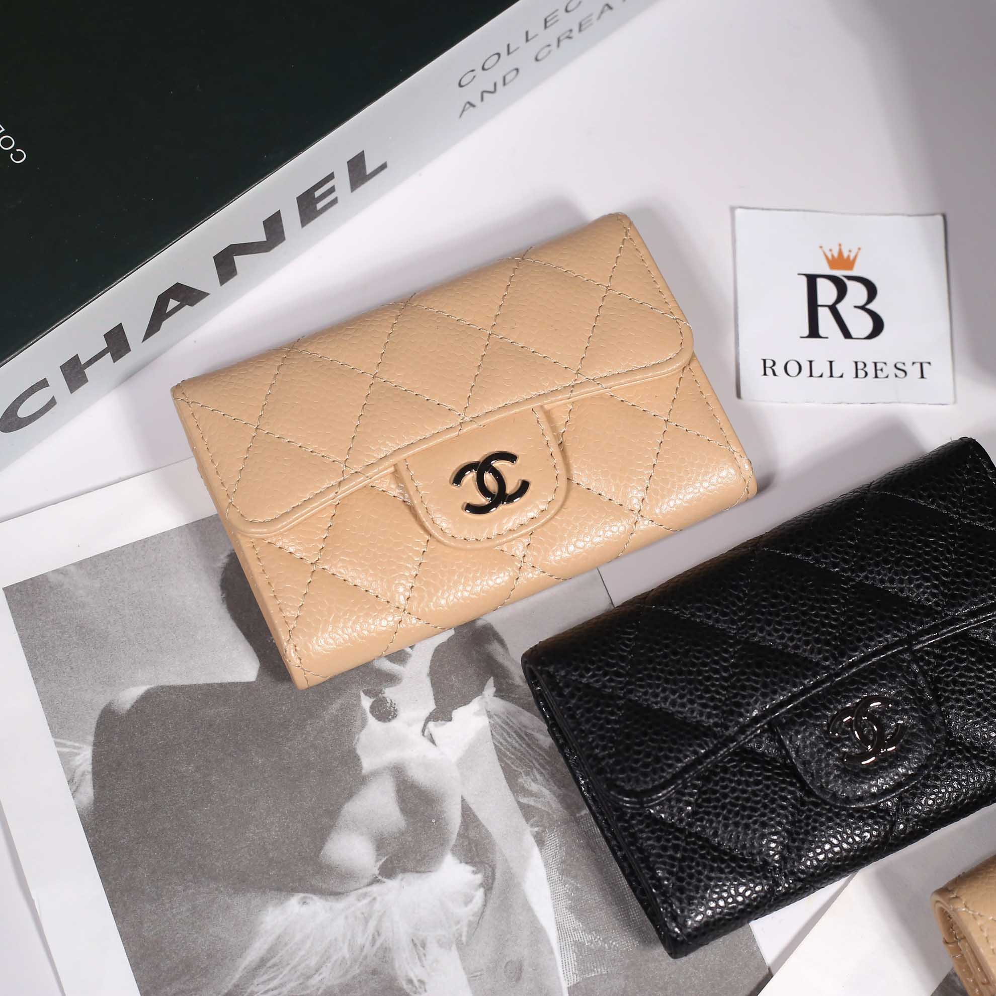 Ví Đựng Thẻ Chanel Caviar Quilted Flap Card Holder Wallet Beige