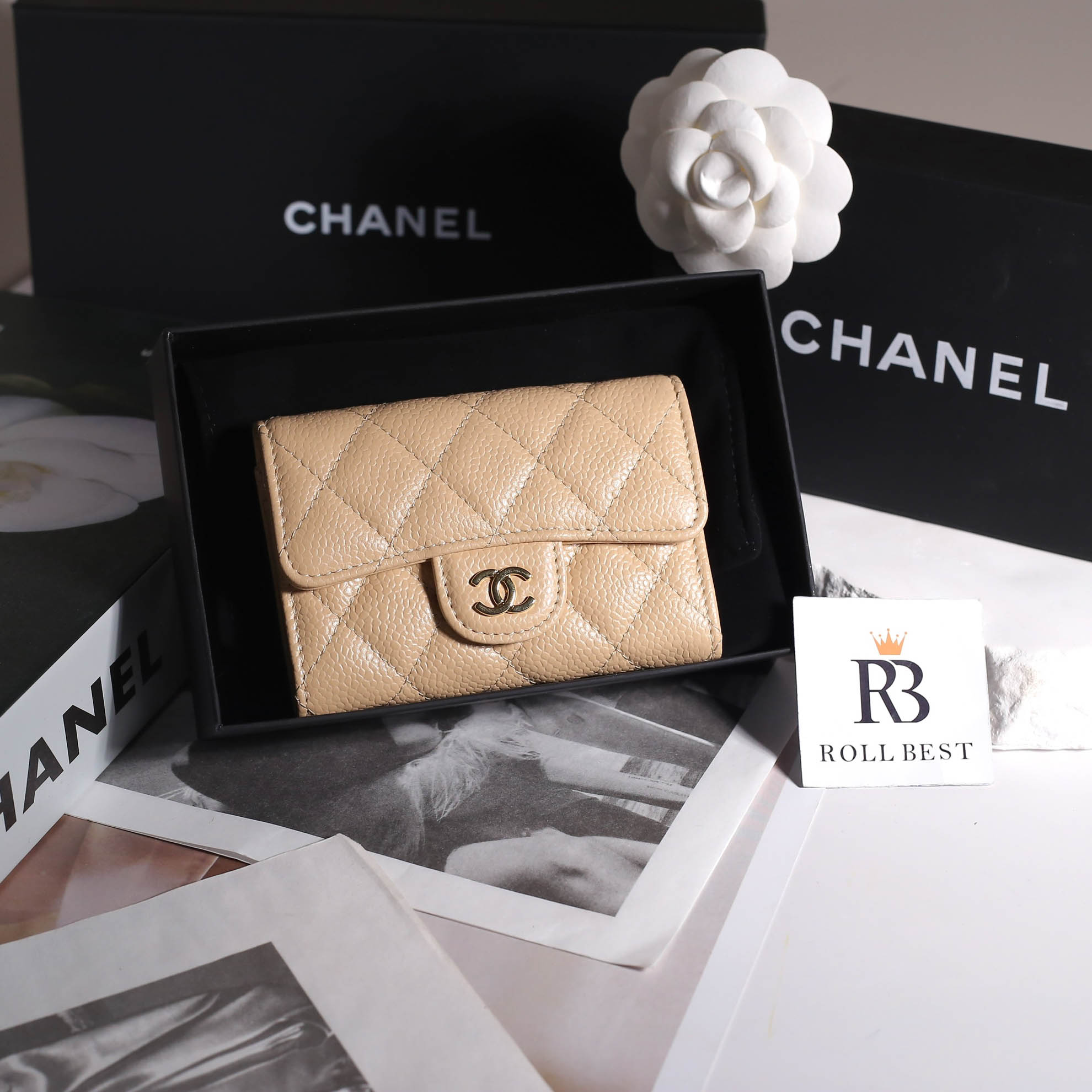 Ví Đựng Thẻ Chanel Caviar Quilted Flap Card Holder Wallet Beige