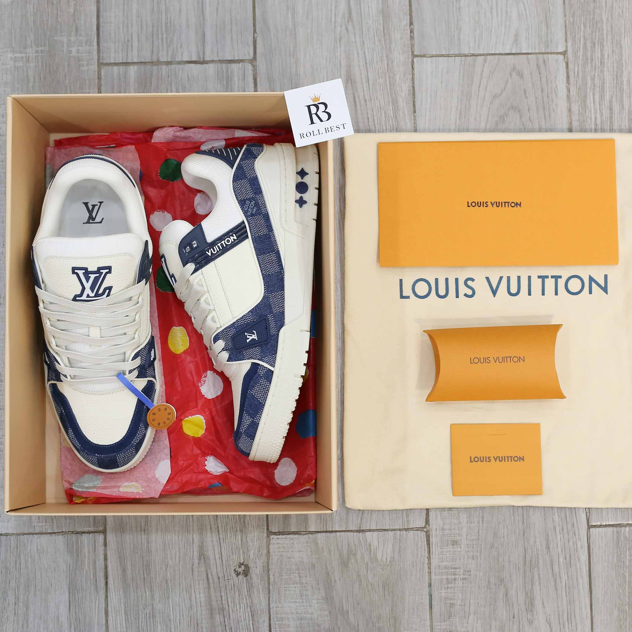 Giày Louis Vuitton LV Trainer Damier Denim Blue xanh