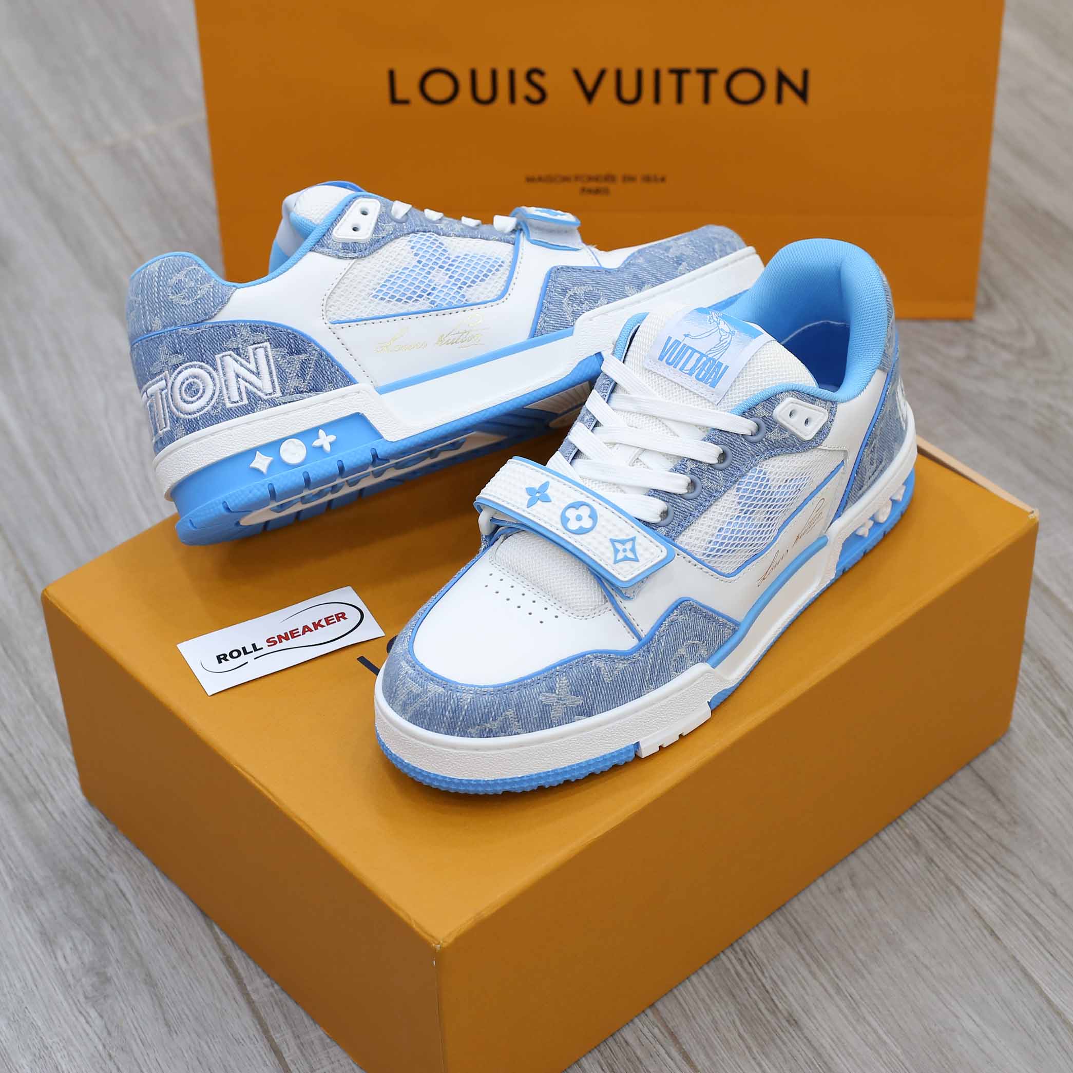 Giày Louis Vuitton Lv Trainer Monogram Denim Blue quai Velcro