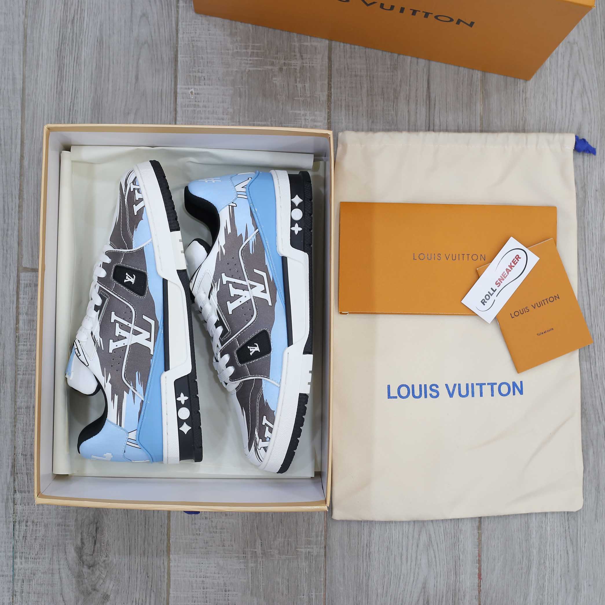 Giày Louis Vuitton LV Trainer#54 Graphic Print White Black Blue xanh đen