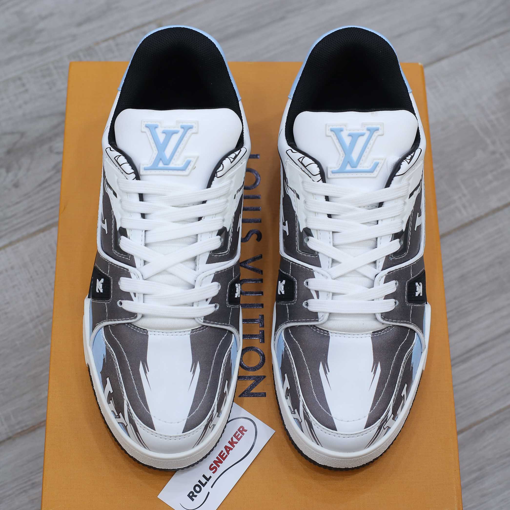 Giày Louis Vuitton LV Trainer#54 Graphic Print White Black Blue xanh đen