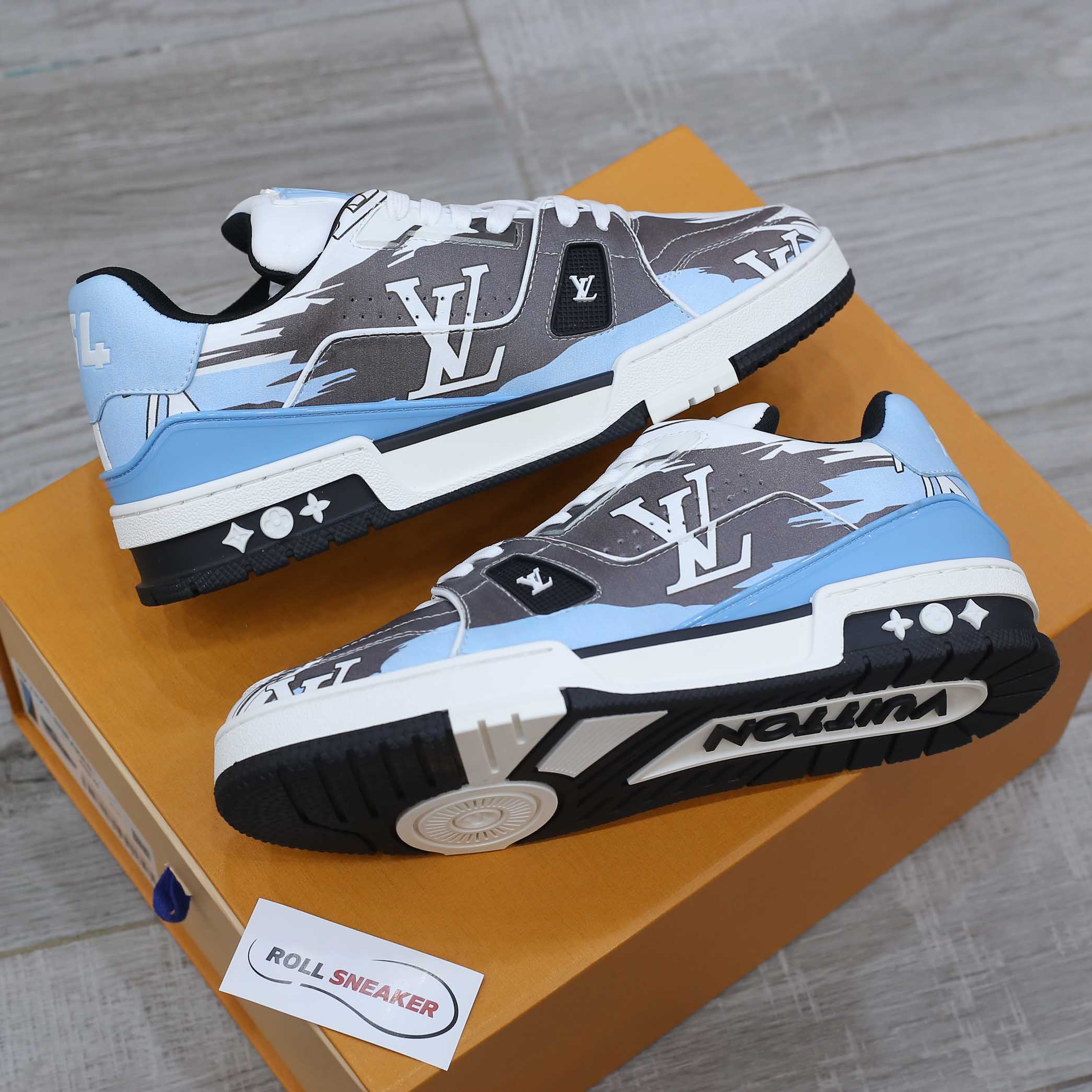 Giày Louis Vuitton LV Trainer#54 Graphic Print White Black Blue xanh đen