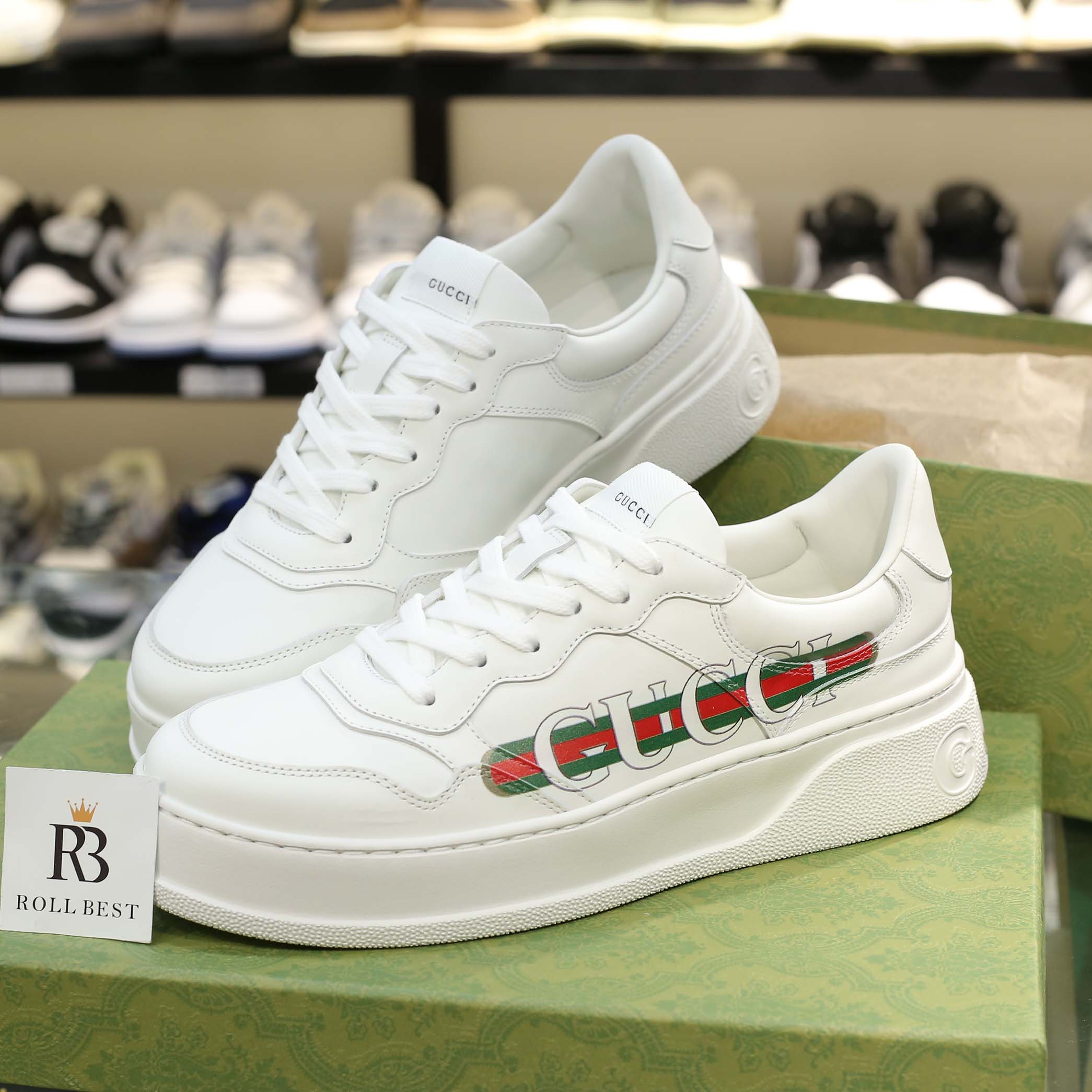 Giày Gucci Chunky Sneaker White Demetra Logo Gucci Web Print Trắng